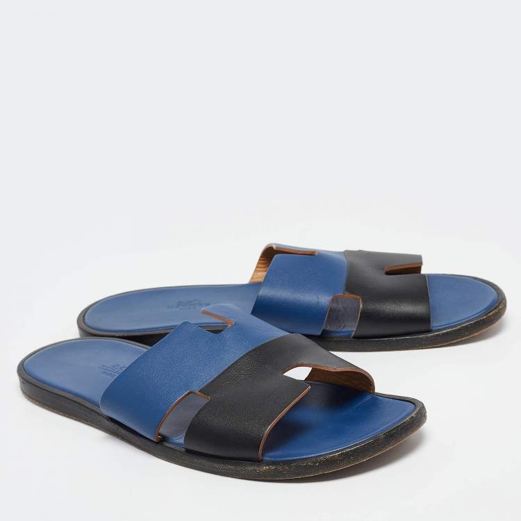 Pre Owned Hermes Blue/Black Leather Izmir Sandals Size 43.5