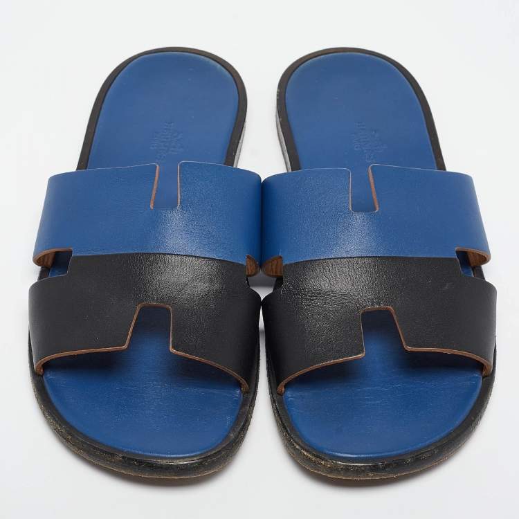 Pre Owned Hermes Blue/Black Leather Izmir Sandals Size 43.5