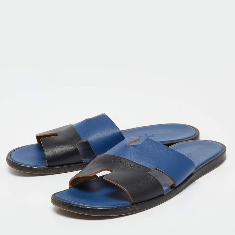 Pre Owned Hermes Blue/Black Leather Izmir Sandals Size 43.5