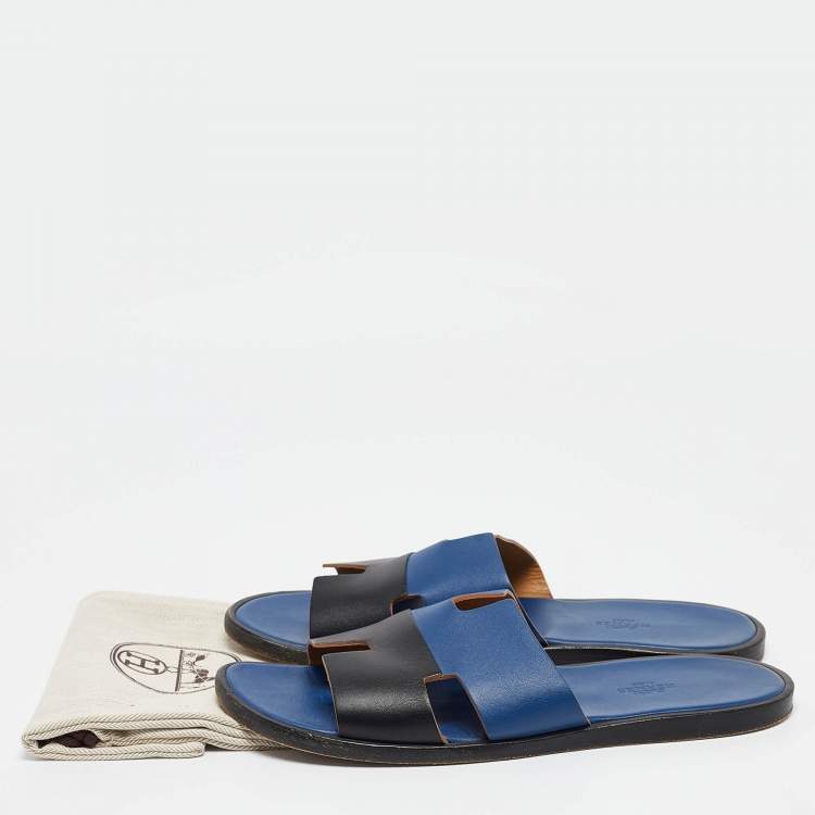 Pre Owned Hermes Blue/Black Leather Izmir Sandals Size 43.5