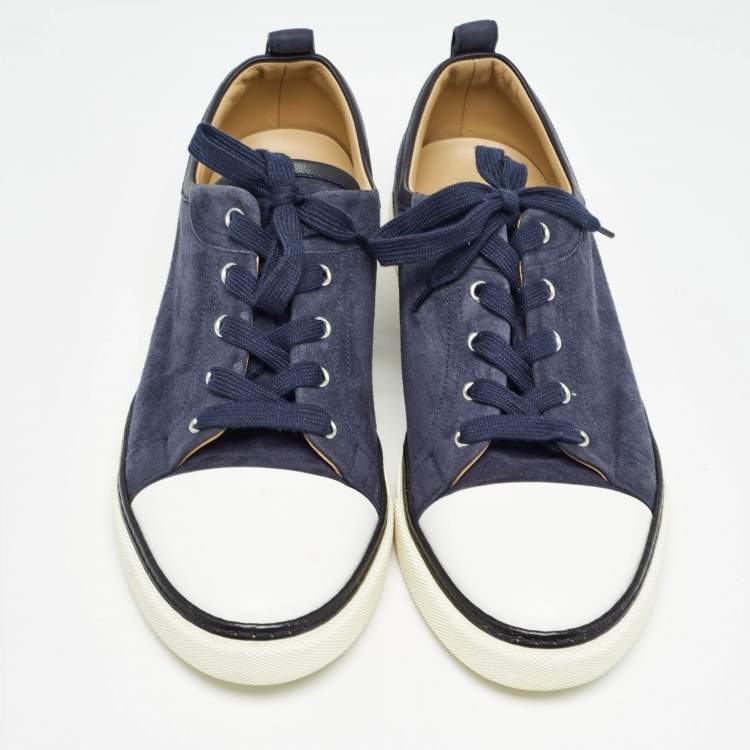 Pre Owned Hermes Navy Blue/White Leather and Suede Kin Mans Sneakers Size 45