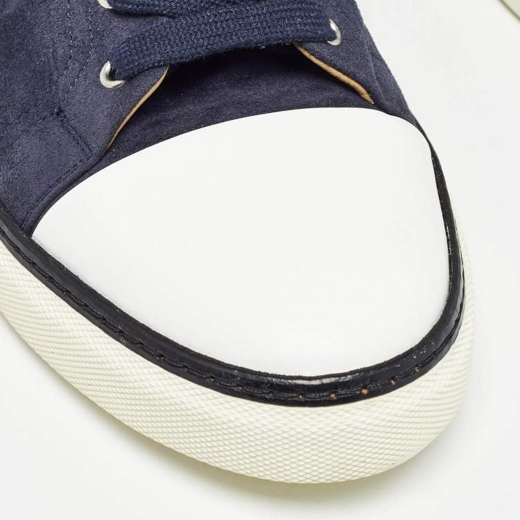 Pre Owned Hermes Navy Blue/White Leather and Suede Kin Mans Sneakers Size 45