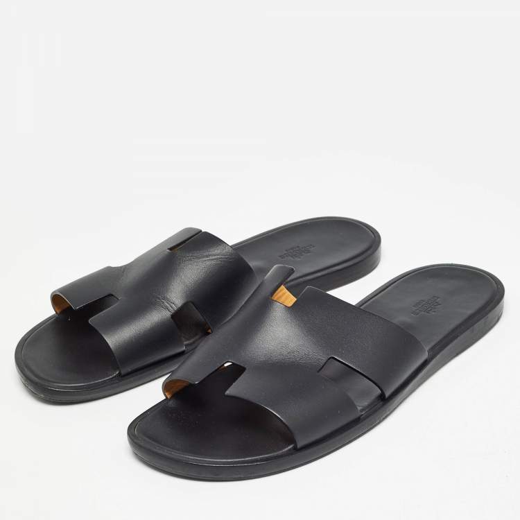 مملوكة مسبقًا Hermes Black Leather Izmir Slide Sandals Size 45