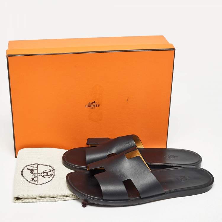 مملوكة مسبقًا Hermes Black Leather Izmir Slide Sandals Size 45