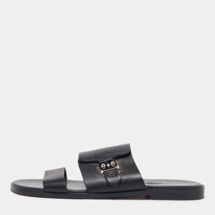 Pre Owned Hermes Black Leather Flats Size 42