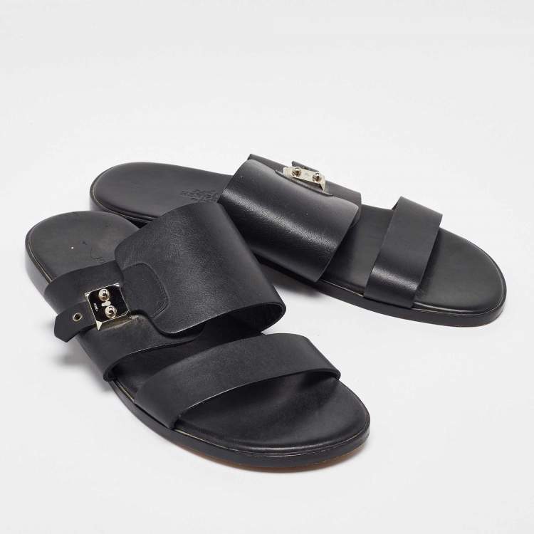 Pre Owned Hermes Black Leather Flats Size 42