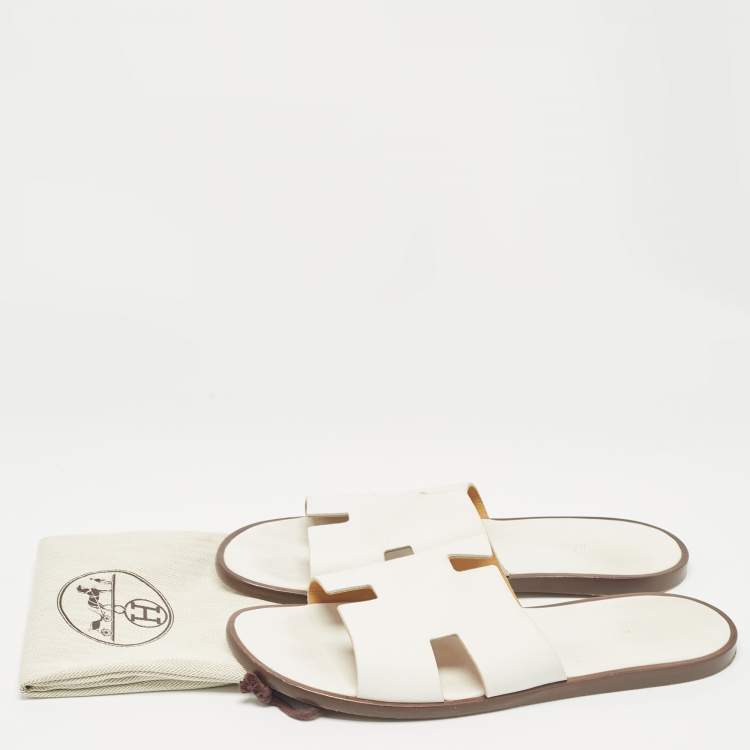Pre Owned Hermes White Leather Izmir Flat Slides Size 46