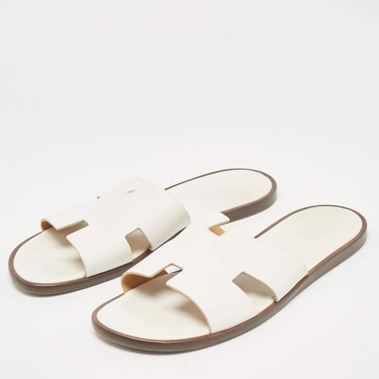 Pre Owned Hermes White Leather Izmir Flat Slides Size 46