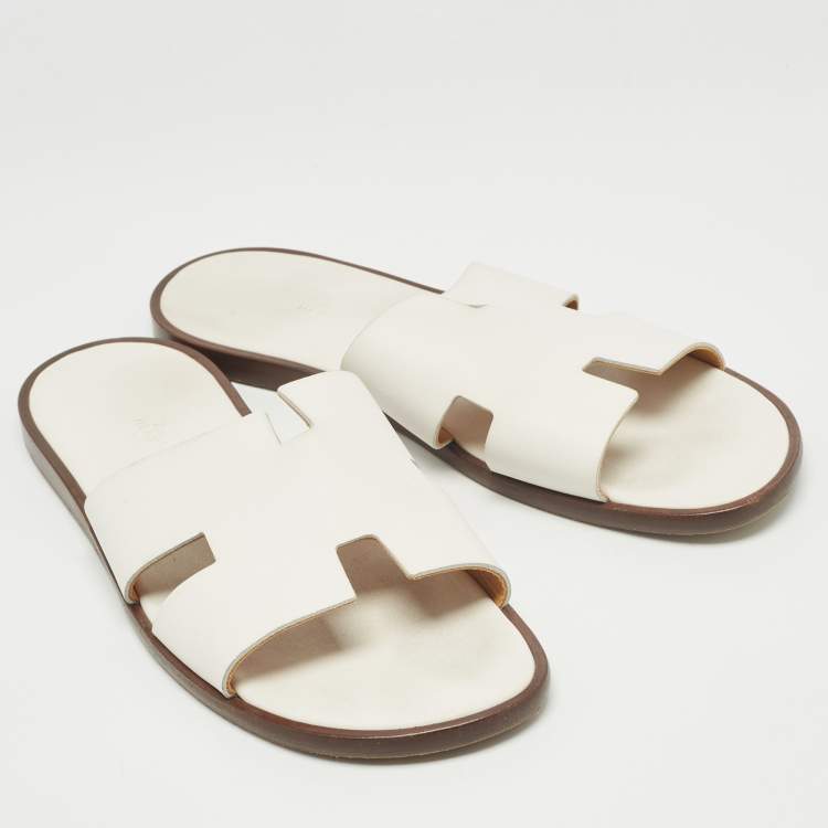 Pre Owned Hermes White Leather Izmir Flat Slides Size 46