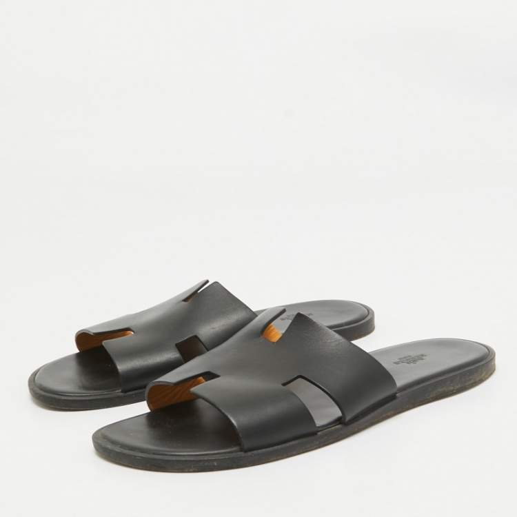 Pre Owned Hermes Black Leather Izmir Flat Slides Size 45