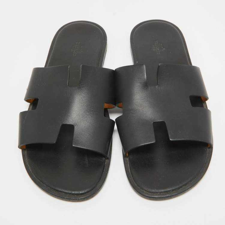 Pre Owned Hermes Black Leather Izmir Flat Slides Size 45