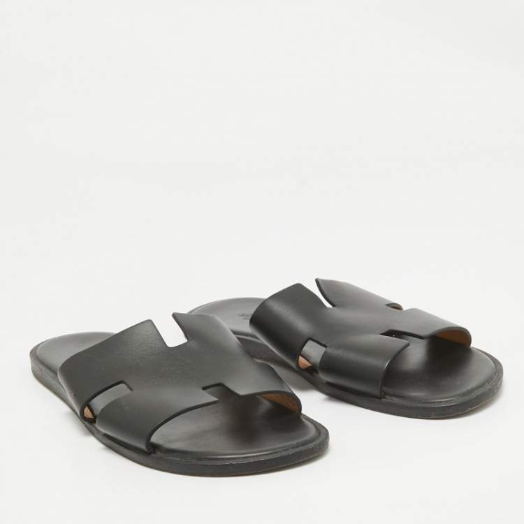 Pre Owned Hermes Black Leather Izmir Flat Slides Size 45