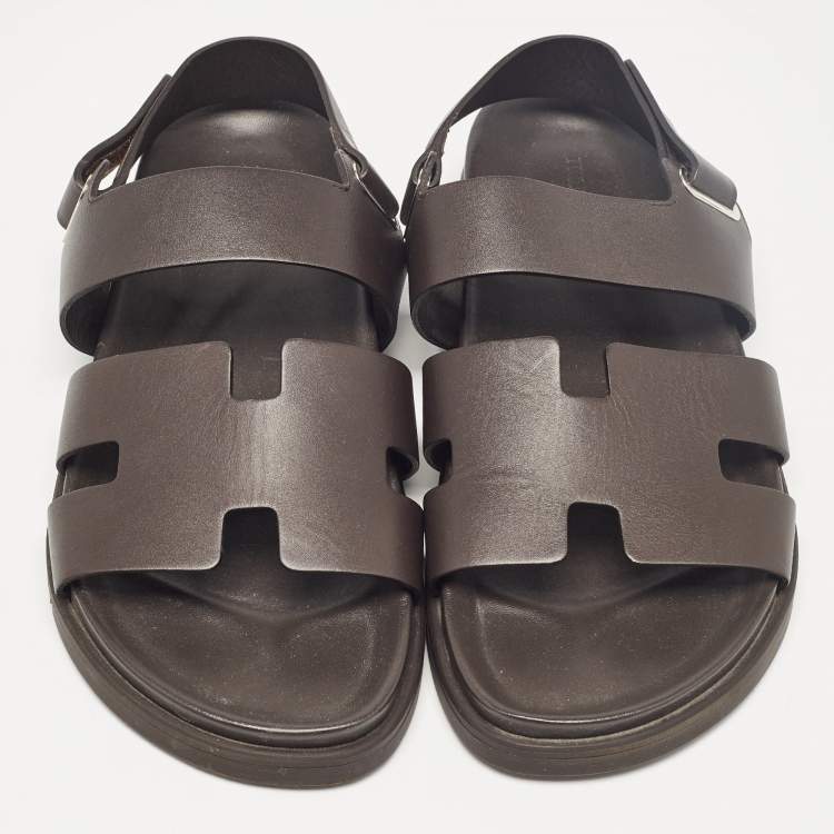 Pre Owned Hermes Brown Leather Takara Slide Slingback Sandals Size 43