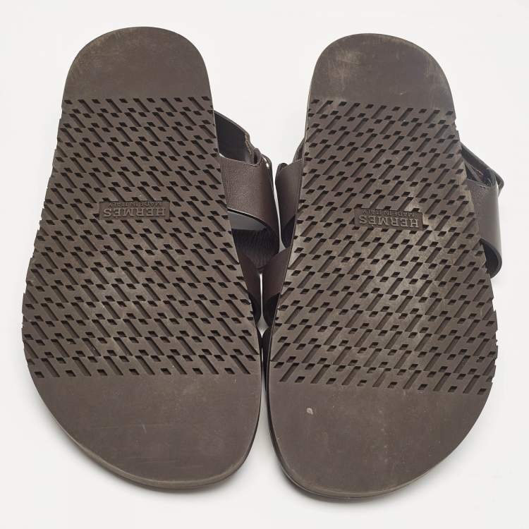 Pre Owned Hermes Brown Leather Takara Slide Slingback Sandals Size 43