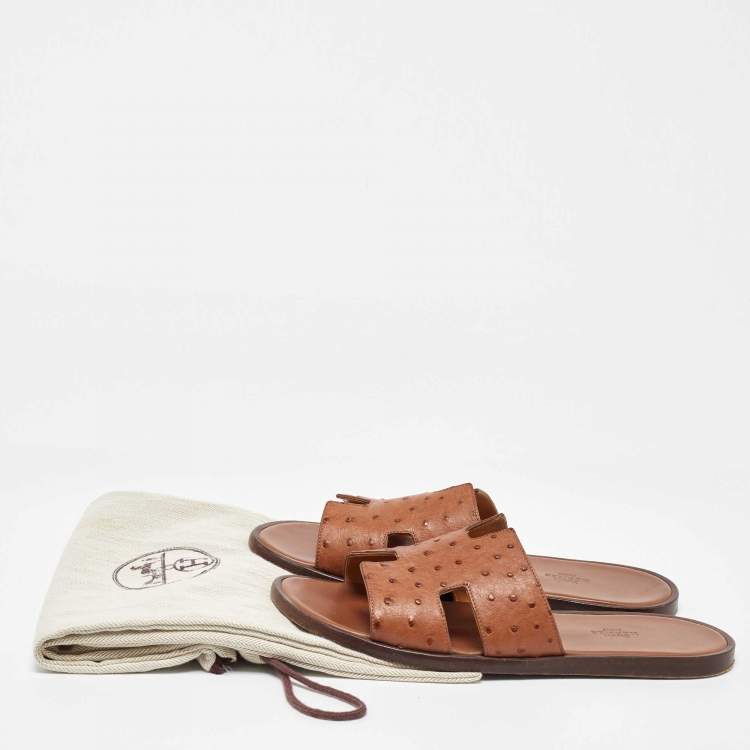 Pre Owned Hermes Brown Ostrich Leather Izmir Slippers Size 42