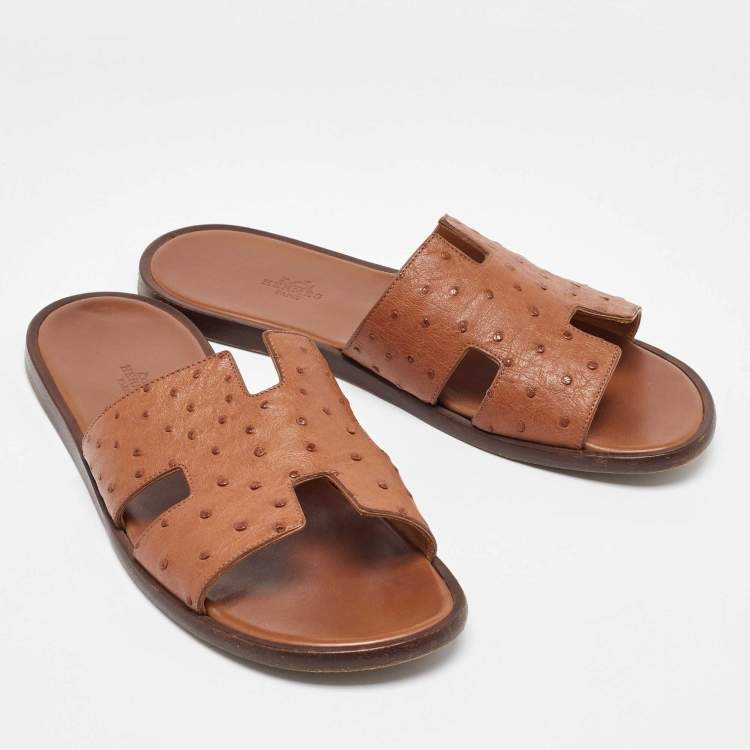 Pre Owned Hermes Brown Ostrich Leather Izmir Slippers Size 42