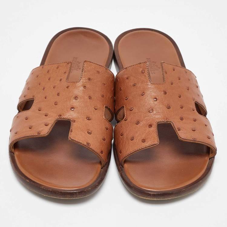 Pre Owned Hermes Brown Ostrich Leather Izmir Slippers Size 42