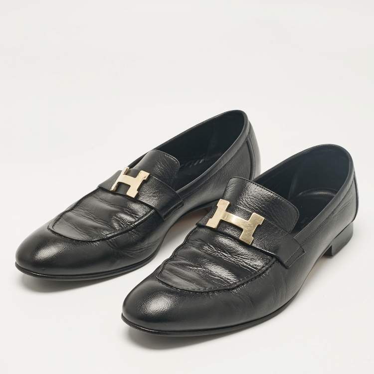 Pre Owned Hermes Black Leather Paris Slip On Loafers Size 44