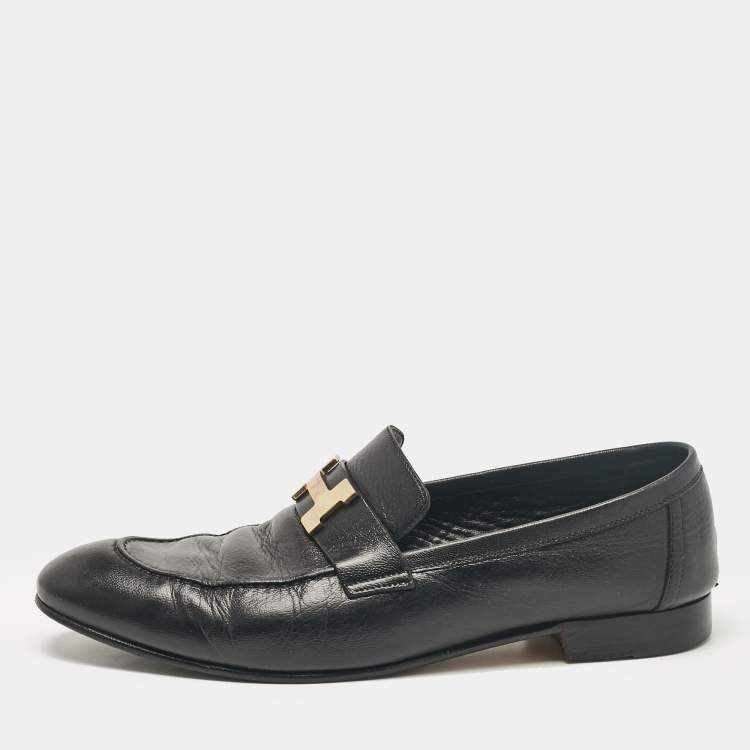 Pre Owned Hermes Black Leather Paris Slip On Loafers Size 44