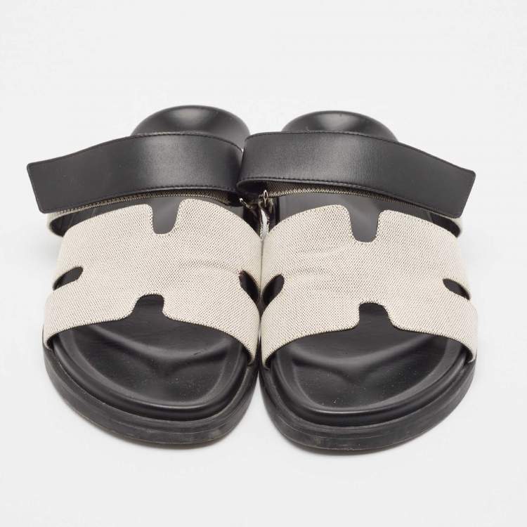 Pre Owned Hermes White/Black Canvas and Leather Chypre Sandals Size 42.5