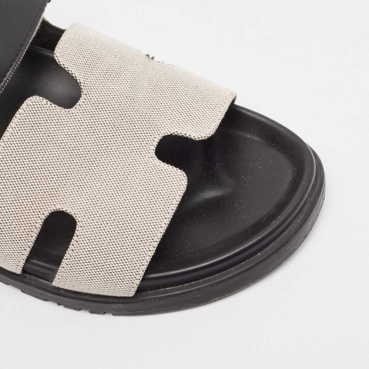 Pre Owned Hermes White/Black Canvas and Leather Chypre Sandals Size 42.5