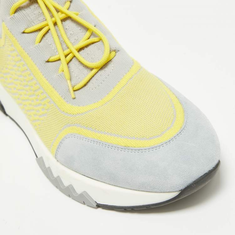 Pre Owned Hermes Yellow/Grey  Fabric and Leather Addict Lace Up Sneakers Size 41
