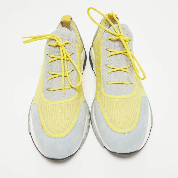 Pre Owned Hermes Yellow/Grey  Fabric and Leather Addict Lace Up Sneakers Size 41