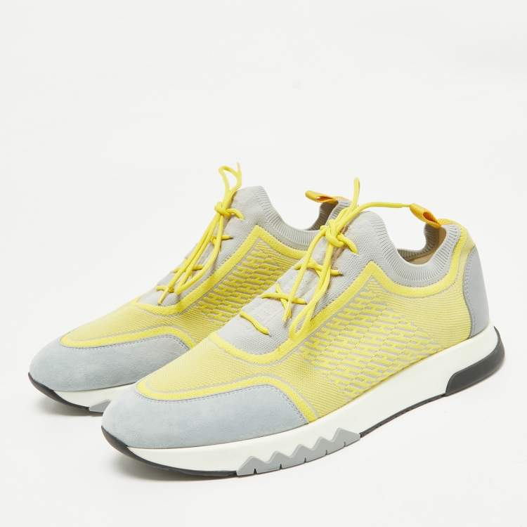 Pre Owned Hermes Yellow/Grey  Fabric and Leather Addict Lace Up Sneakers Size 41