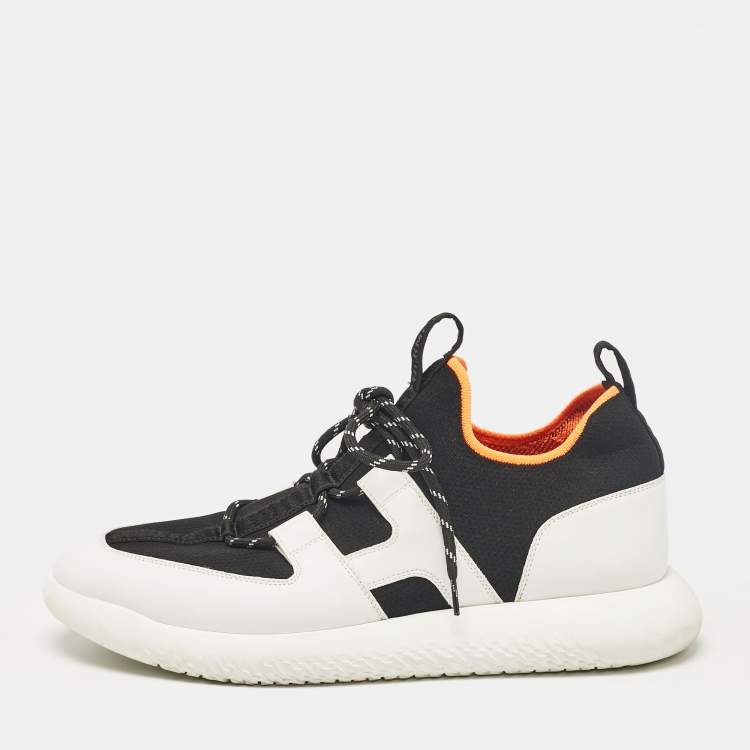 Pre Owned Hermes Black/White Knit Fabric and Leather Duel Sneakers Size 43