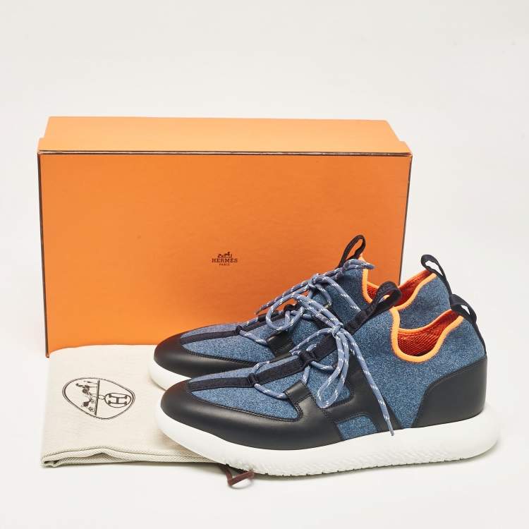 Pre Owned Hermes Blue/Black Knit Fabric and Leather Duel Sneakers Size 43