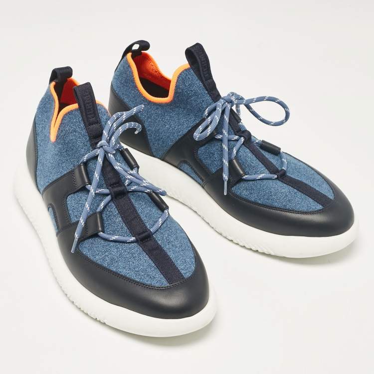 Pre Owned Hermes Blue/Black Knit Fabric and Leather Duel Sneakers Size 43