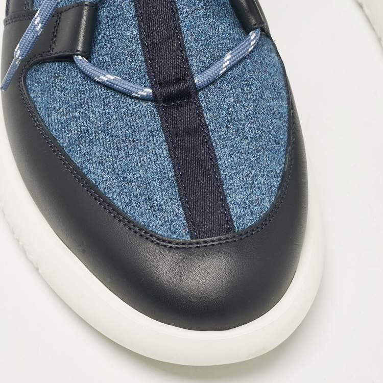 Pre Owned Hermes Blue/Black Knit Fabric and Leather Duel Sneakers Size 43