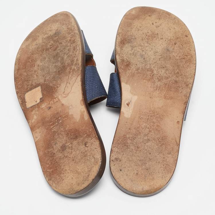 Pre Owned Hermes Navy Blue Lizard Leather Izmir Flat Slides Size 41