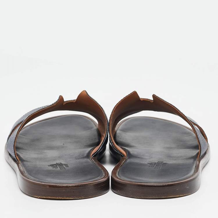 Pre Owned Hermes Navy Blue Lizard Leather Izmir Flat Slides Size 41