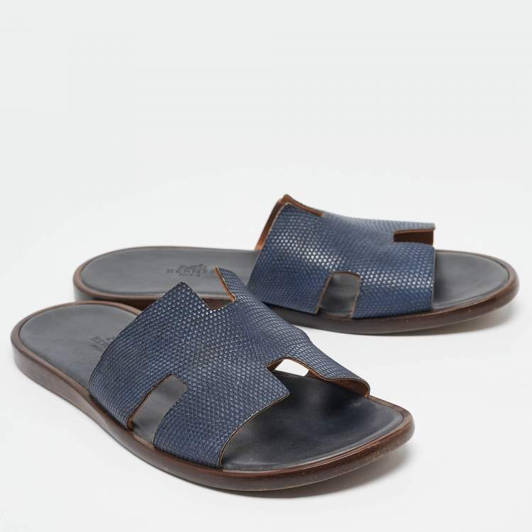 Pre Owned Hermes Navy Blue Lizard Leather Izmir Flat Slides Size 41