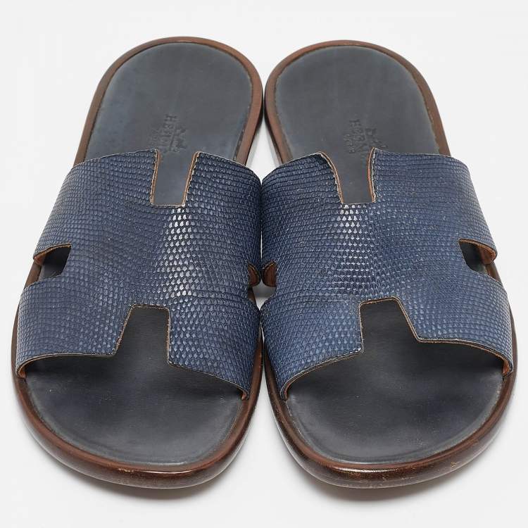Pre Owned Hermes Navy Blue Lizard Leather Izmir Flat Slides Size 41