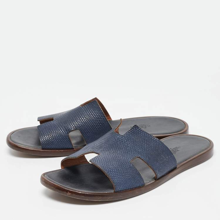 Pre Owned Hermes Navy Blue Lizard Leather Izmir Flat Slides Size 41