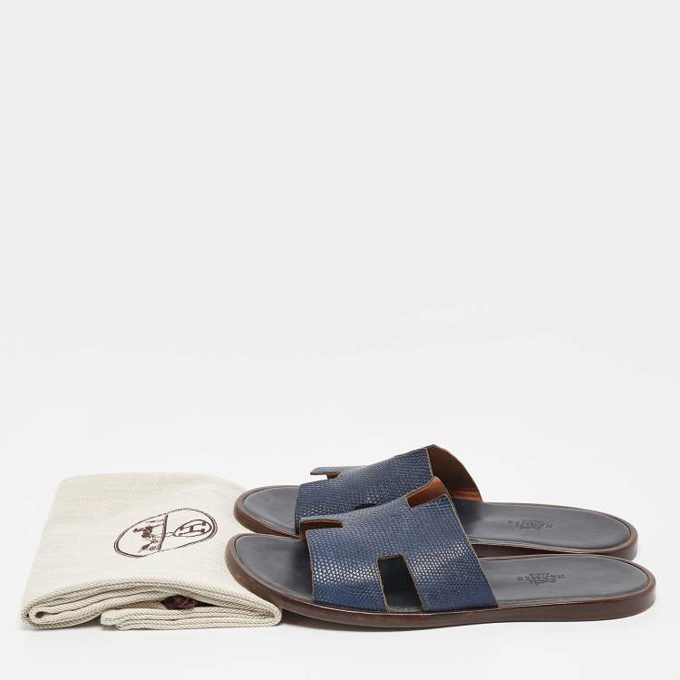 Pre Owned Hermes Navy Blue Lizard Leather Izmir Flat Slides Size 41