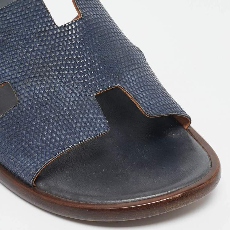 Pre Owned Hermes Navy Blue Lizard Leather Izmir Flat Slides Size 41