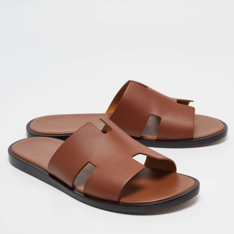 Pre Owned Hermes Brown Leather Izmir Slides Size 43