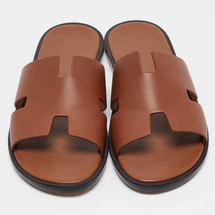 Pre Owned Hermes Brown Leather Izmir Slides Size 43