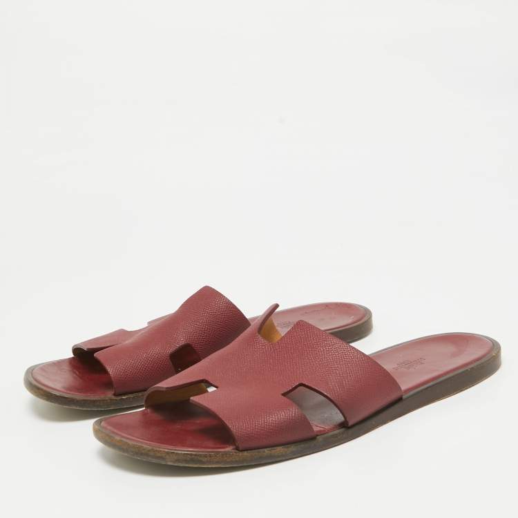 Pre Owned Hermes Burgundy Leather Izmir Slides Size 44.5