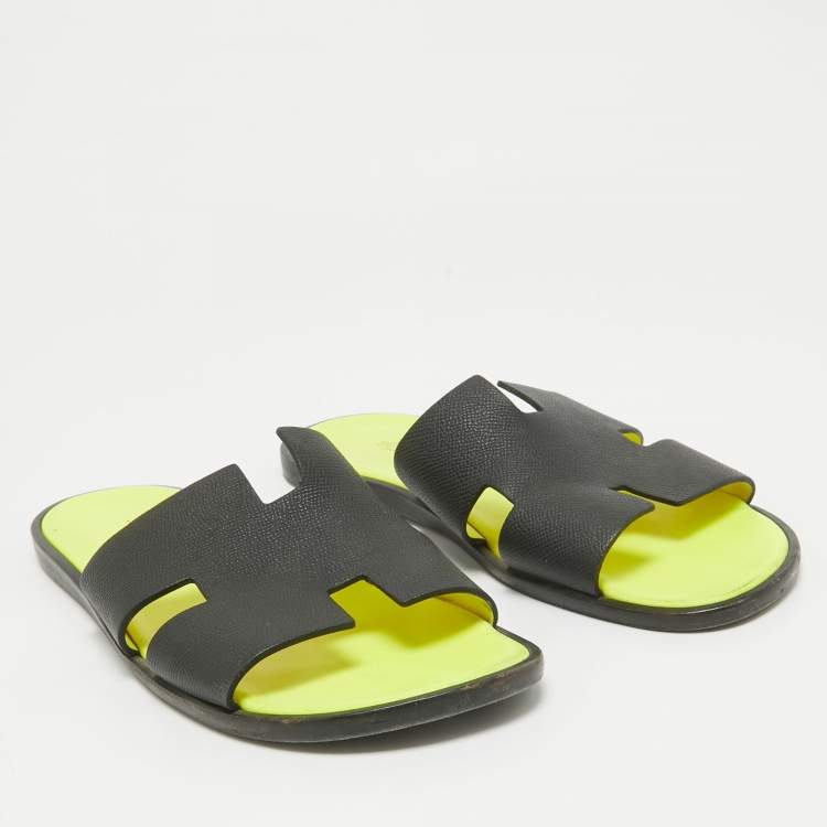 Pre Owned Hermes Black Leather Izmir Slides Size 44.5