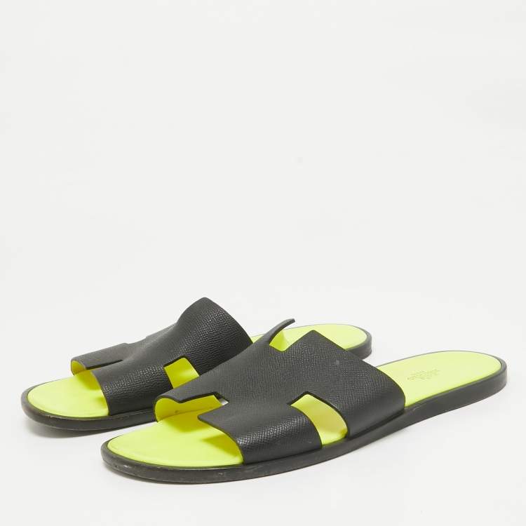 Pre Owned Hermes Black Leather Izmir Slides Size 44.5