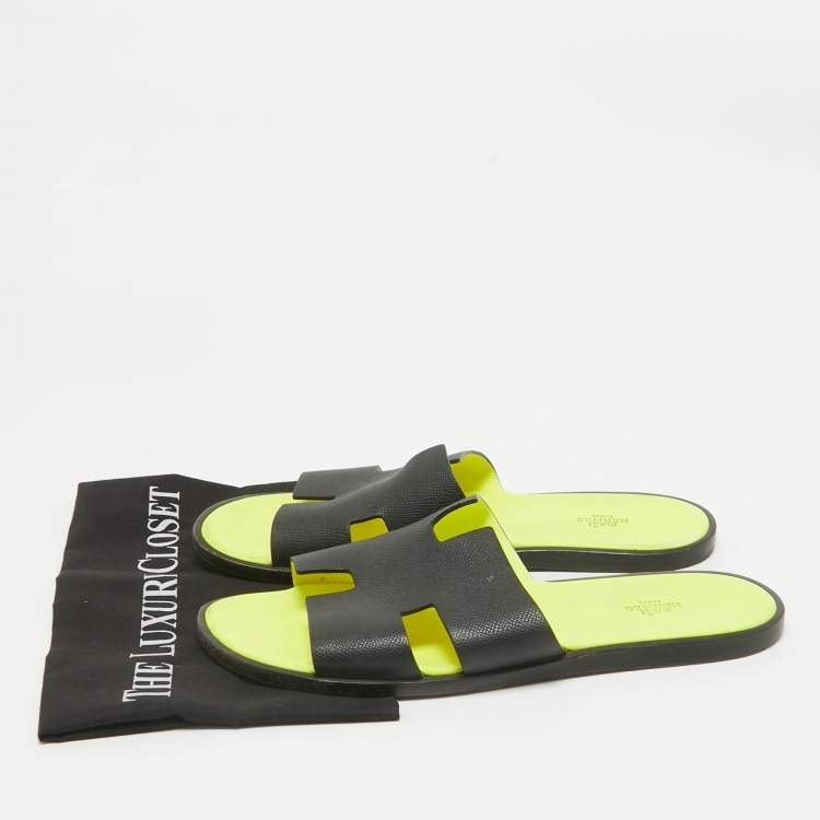 Pre Owned Hermes Black Leather Izmir Slides Size 44.5
