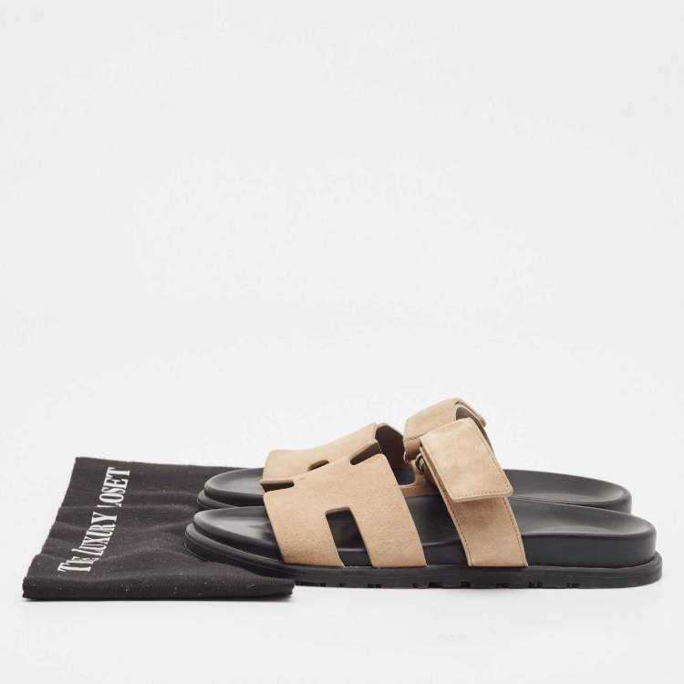Pre Owned Hermes Brown Suede Chypre Flat Slides Size 42