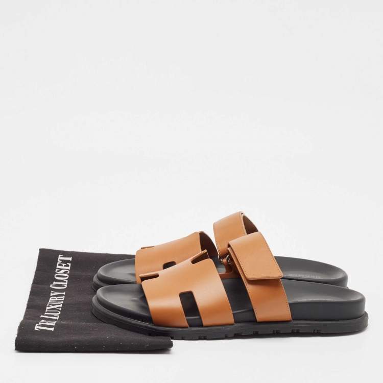 Pre Owned Hermes Brown Leather Chypre Flat Slides Size 41