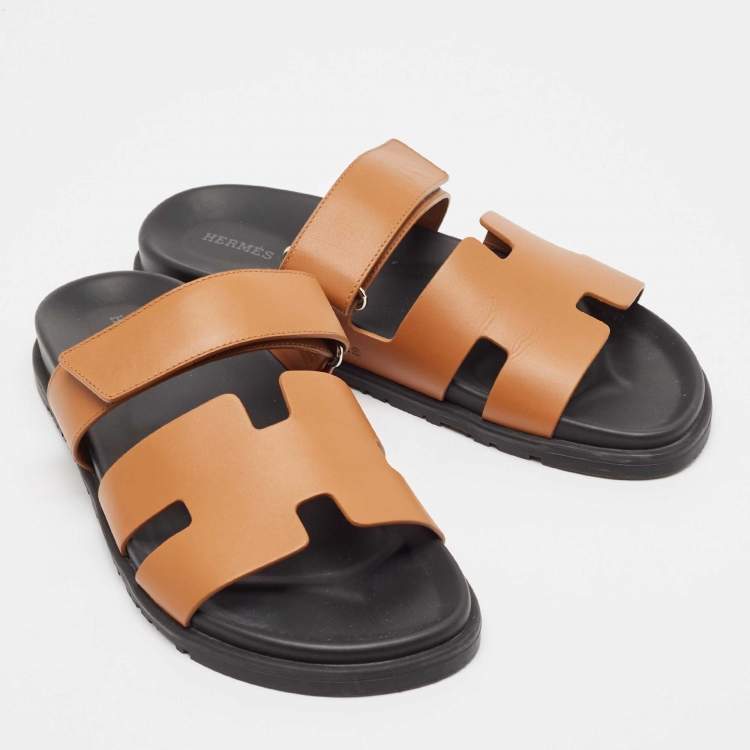Pre Owned Hermes Brown Leather Chypre Flat Slides Size 41