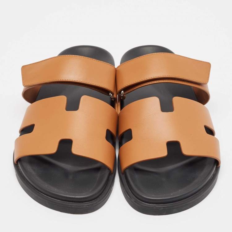 Pre Owned Hermes Brown Leather Chypre Flat Slides Size 41