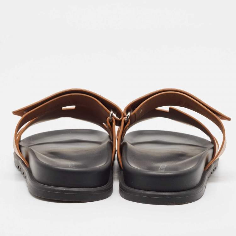 Pre Owned Hermes Brown Leather Chypre Flat Slides Size 41